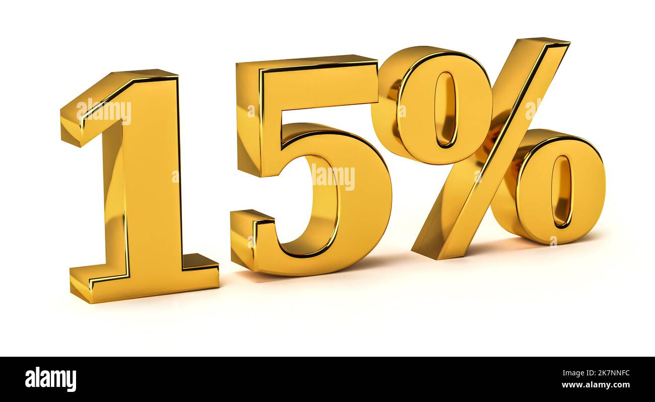 3d oro 15% di sconto isolato su sfondo bianco per la promozione di vendita. rendering 3d Foto Stock