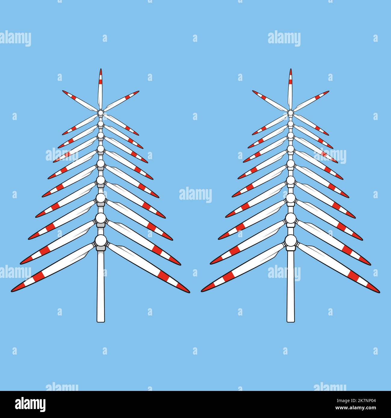 Set di illustrazioni a colori con albero di Natale fatto di eliche, pale di mulino a vento, turbina eolica. Oggetti vettoriali isolati. Illustrazione Vettoriale