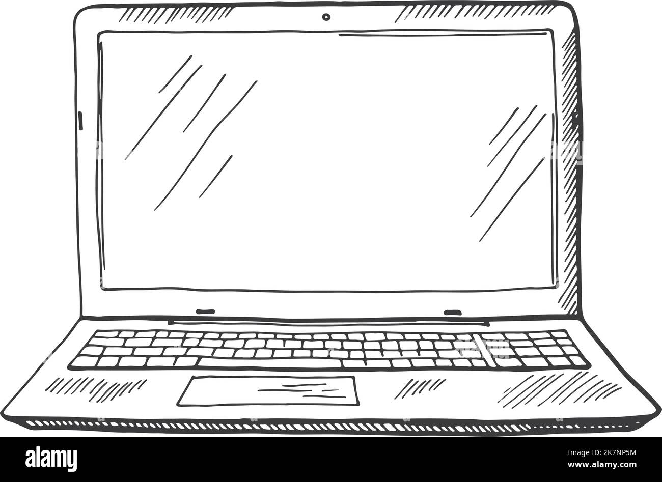 Vista frontale del computer portatile. Schizzo del notebook disegnato a mano Illustrazione Vettoriale