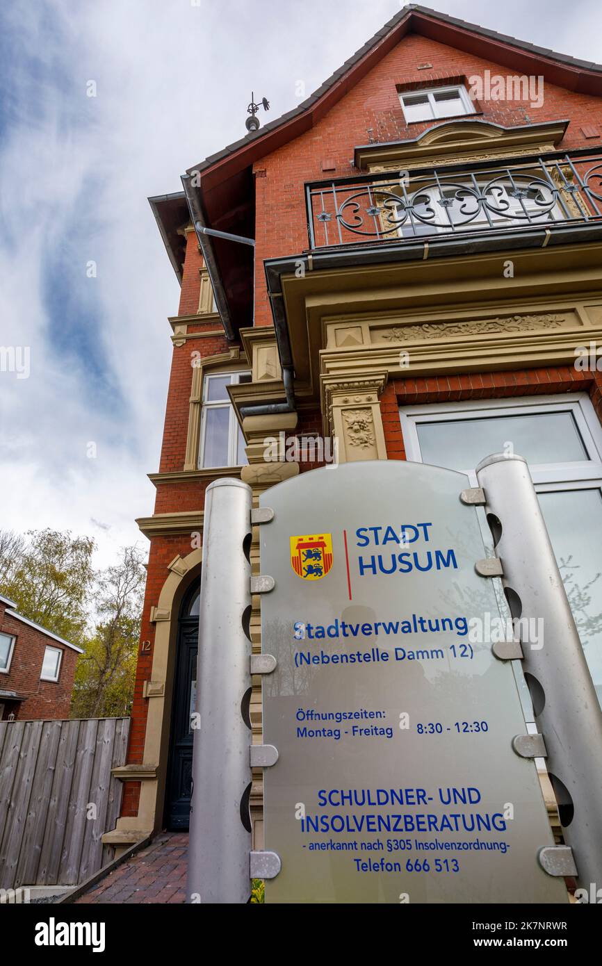 Villa storica, amministrazione della città di Husum, ramo Damm 12, consulenza sul debito, centro sociale, isola e affari di Hallig Foto Stock