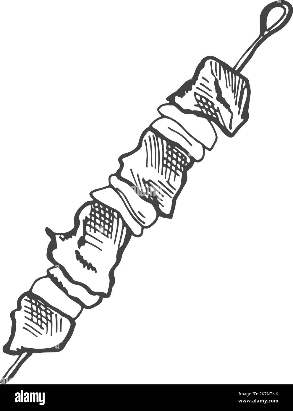 Schizzo del kebab di carne. Incisione di maiale o manzo alla griglia Illustrazione Vettoriale