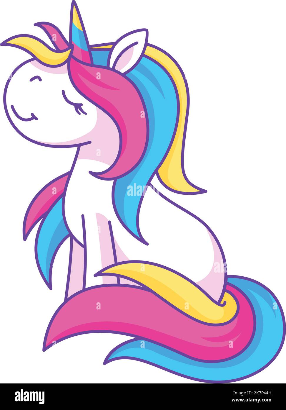 Unicorno sorridente carino. Buona mascotte. Animale magico Illustrazione Vettoriale