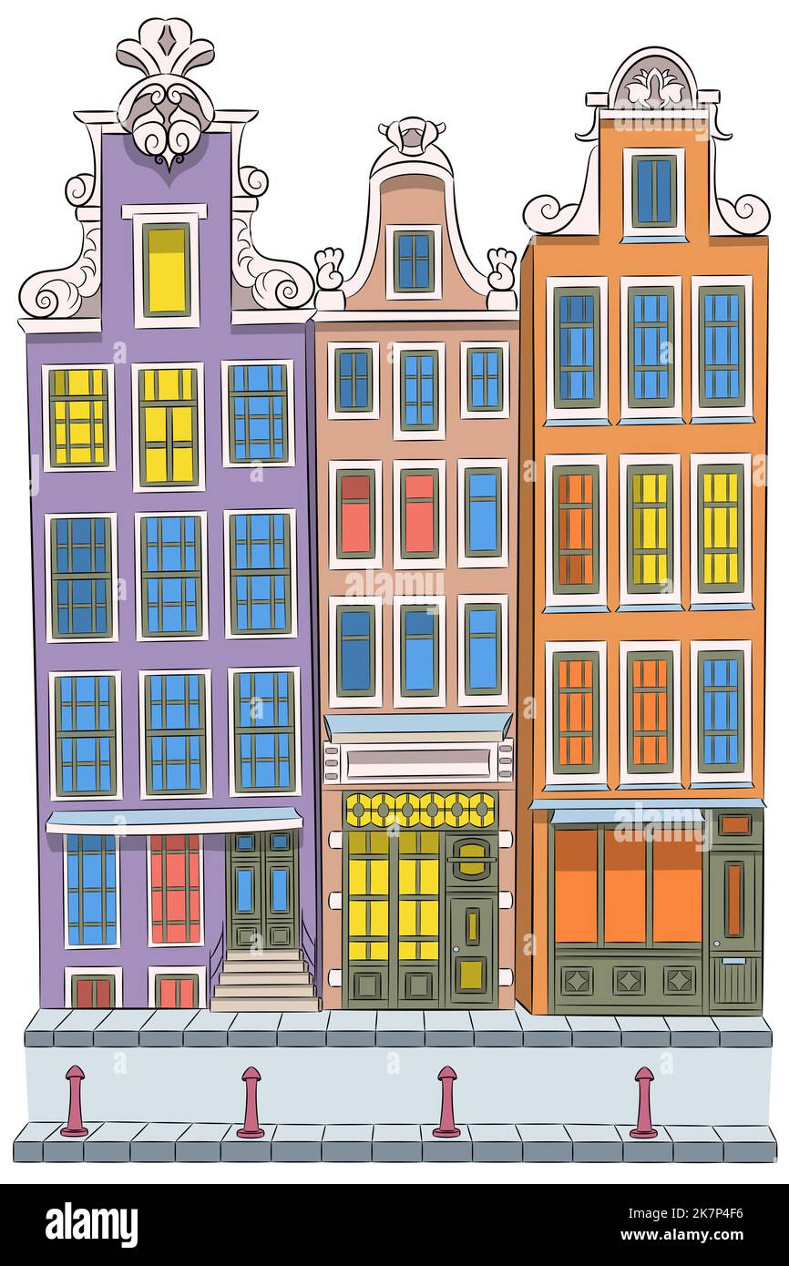 Facciate di vecchie case tradizionali colorate con finestre colorate. Amsterdam. Paesi Bassi. Illustrazione vettoriale. Illustrazione Vettoriale