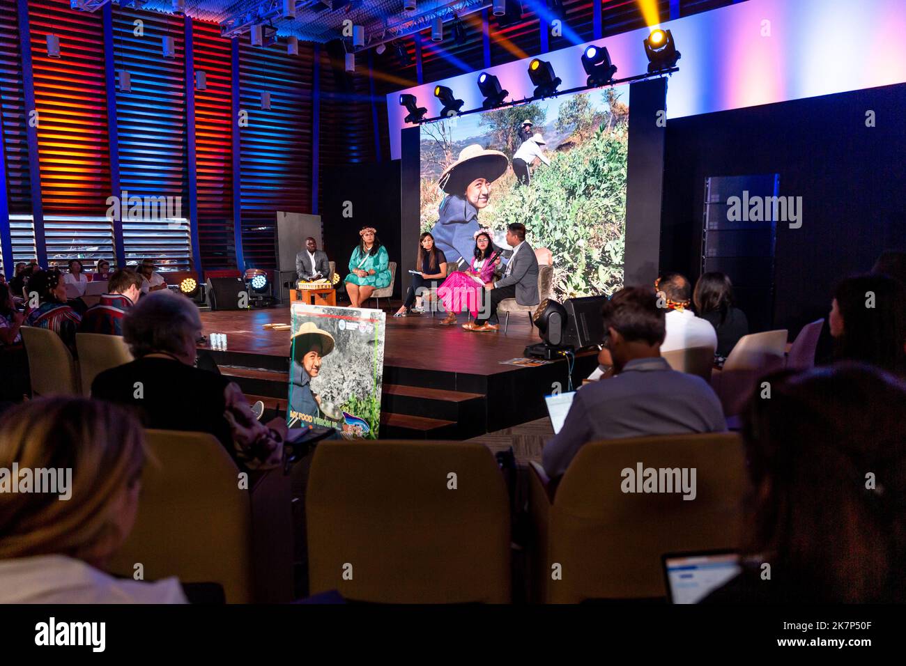 Roma, Italia. 18th Ott 2022. I partecipanti parlano durante la campagna giovanile indigena lancio del giorno 2 del II Forum mondiale sull'alimentazione organizzato dall'Organizzazione delle Nazioni Unite per l'alimentazione e l'agricoltura nella sede della FAO a Roma, in Italia, il 18 ottobre 2022. World Food Forum è una nuova iniziativa che si concentra sulla sicurezza alimentare globale, forum leader di quest'anno il pensiero è diete sane. Pianeta sano. (Foto di Dominika Zarzycka/Sipa USA) Credit: Sipa USA/Alamy Live News Foto Stock