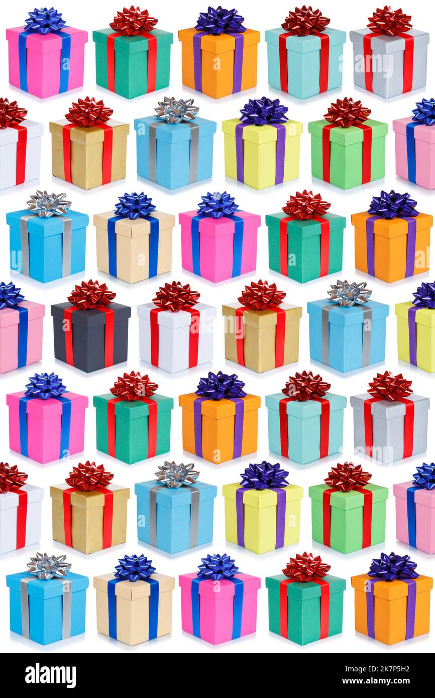 Regali di Natale sfondo collezione regali di compleanno regalo presente deco ritratto formato isolato su bianco Foto Stock