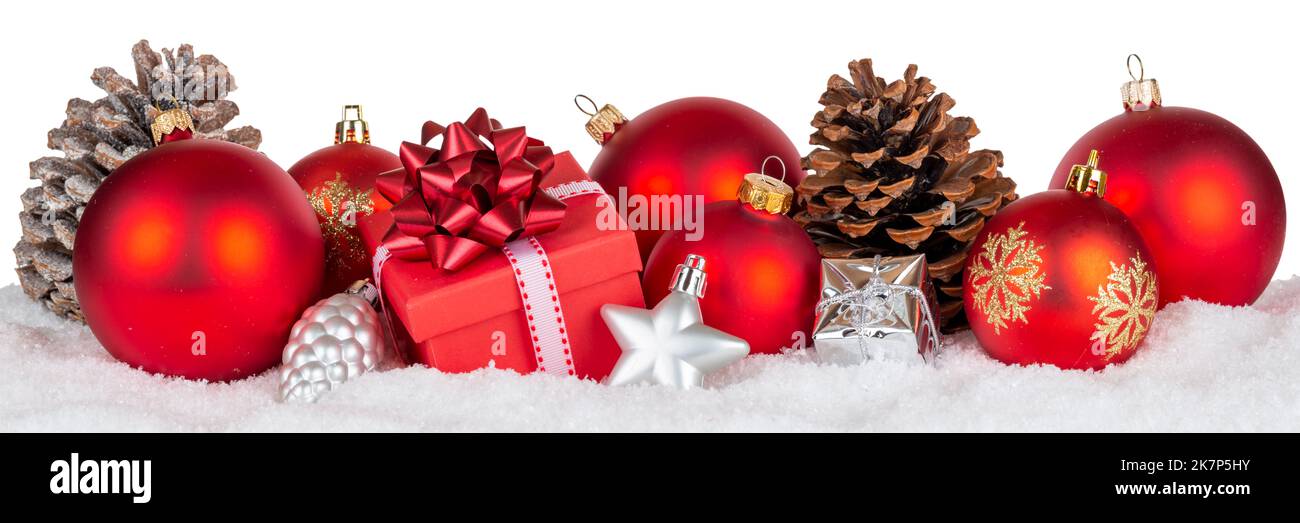 Decorazione di Natale con palle baubles regalo presente ornamenti deco banner isolato su bianco Foto Stock