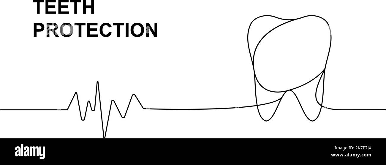 Dente umano con impulso cardiaco, disegno continuo su una linea. Illustrazione continua di un organo umano su una linea. Illustrazione lineare vettoriale minimalista. Illustrazione Vettoriale