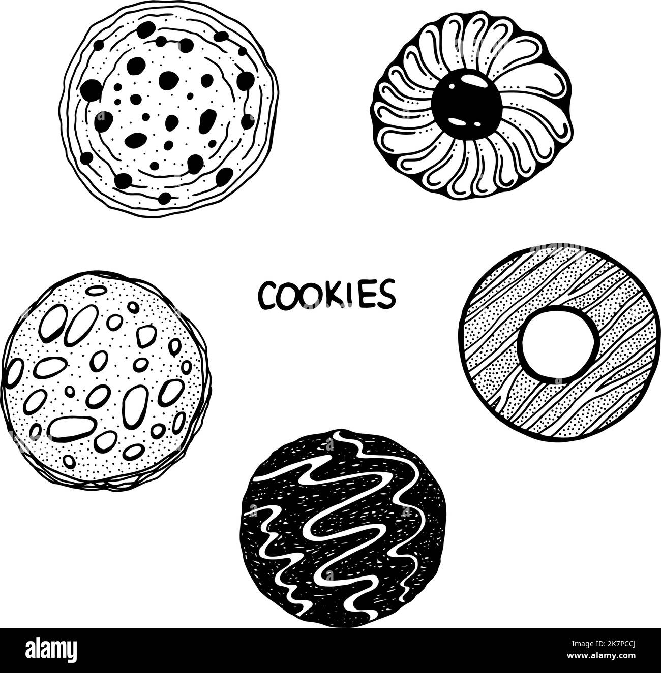 Illustrazione dello schizzo di un set di cookie diversi. Grafica disegnata a mano. Elementi di disegno grafica vettoriale Illustrazione Vettoriale