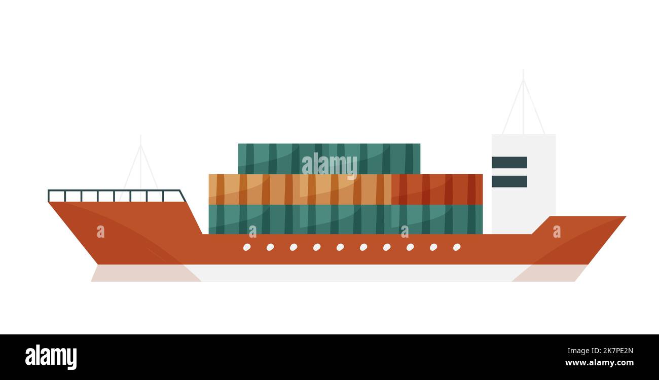 Nave da carico con container. Trasporto marittimo, illustrazione vettore servizio di consegna Illustrazione Vettoriale