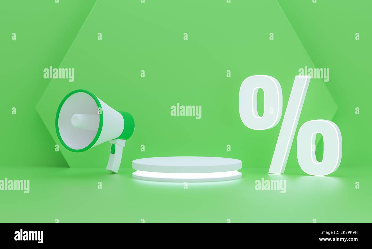Un cartello di sconto e un megafono su ciascun lato del piedistallo su sfondo verde. Illustrazione 3D. Foto Stock