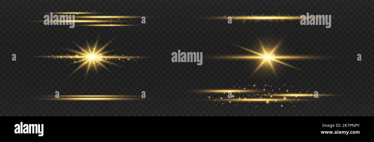 Set di linee incandescenti. Luce oro orizzontale. Giallo brillante lampeggiante. Luci di lusso. Raggi laser brillanti. Smalto astratto e brillante. Illustrazione vettoriale Illustrazione Vettoriale