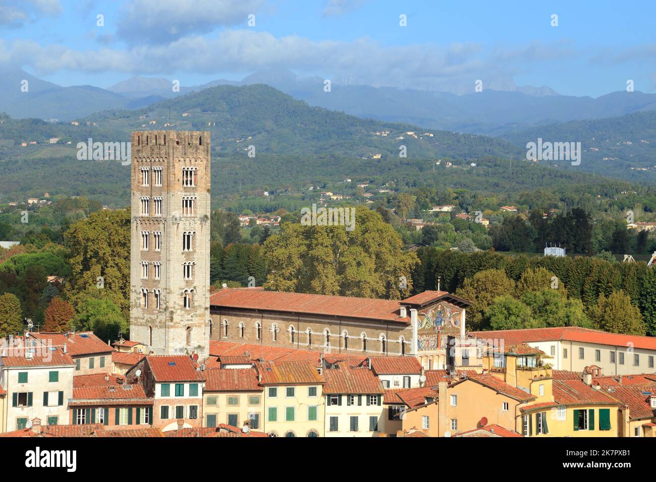 Campanile della Basilica di San Frediano. Vista da Torre Guinigi, Torre Guinigi, Lucca Italia Foto Stock
