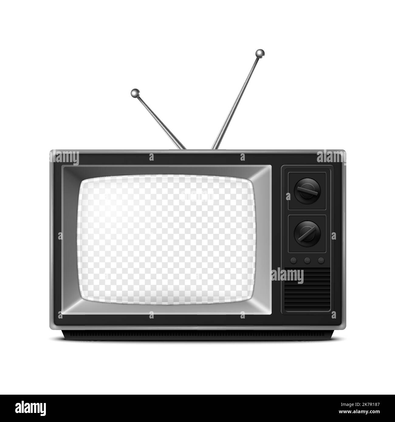 Ricevitore TV retro realistico Vector 3D con schermo trasparente isolato su sfondo bianco. Concetto di disegno interno domestico. Set TV vintage, televisione Illustrazione Vettoriale