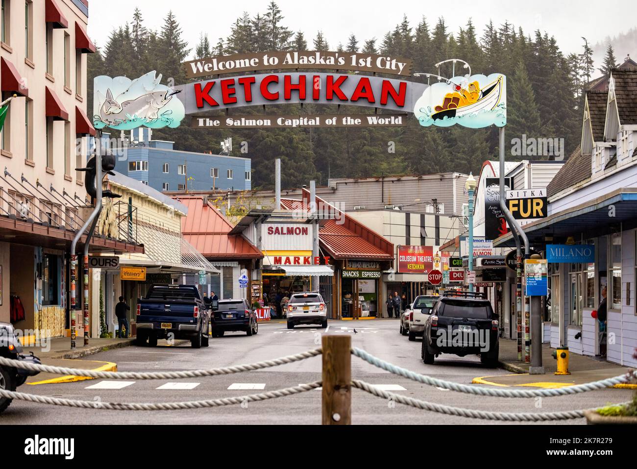 Benvenuti a Ketchikan segno 'capitale del salmone del mondo' - Ketchikan, Alaska, USA Foto Stock