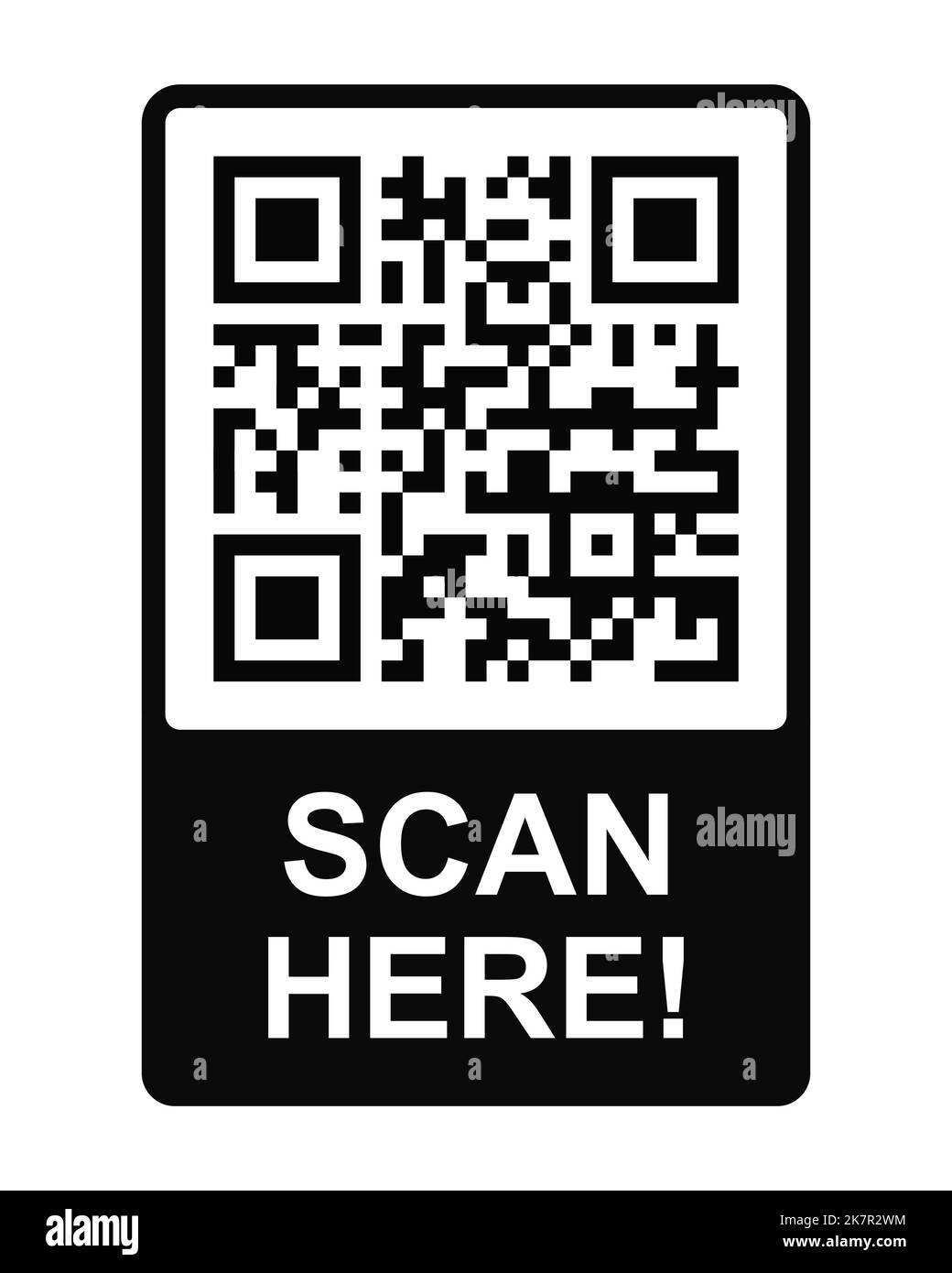 Informazioni su Scan Here. Etichetta codice QR nel riquadro. Modello di codice a barre a matrice scansionabile a risposta rapida con memorizzazione dei dati per il reindirizzamento all'app mobile, alla landing page, al sito Web. Illustrazione grafica vettoriale Illustrazione Vettoriale