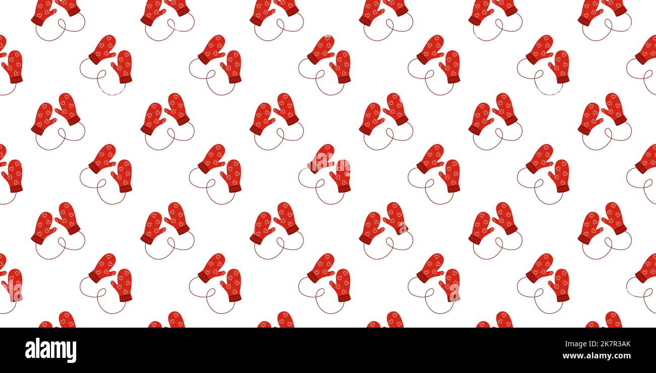 Motivo senza cuciture con coppie di guanti in maglia rossa con cuori. Guanti di lana intimi sfondo. Inverno, Natale o Capodanno design per scrapbooking o carta da imballaggio. Illustrazione piatta vettoriale Illustrazione Vettoriale