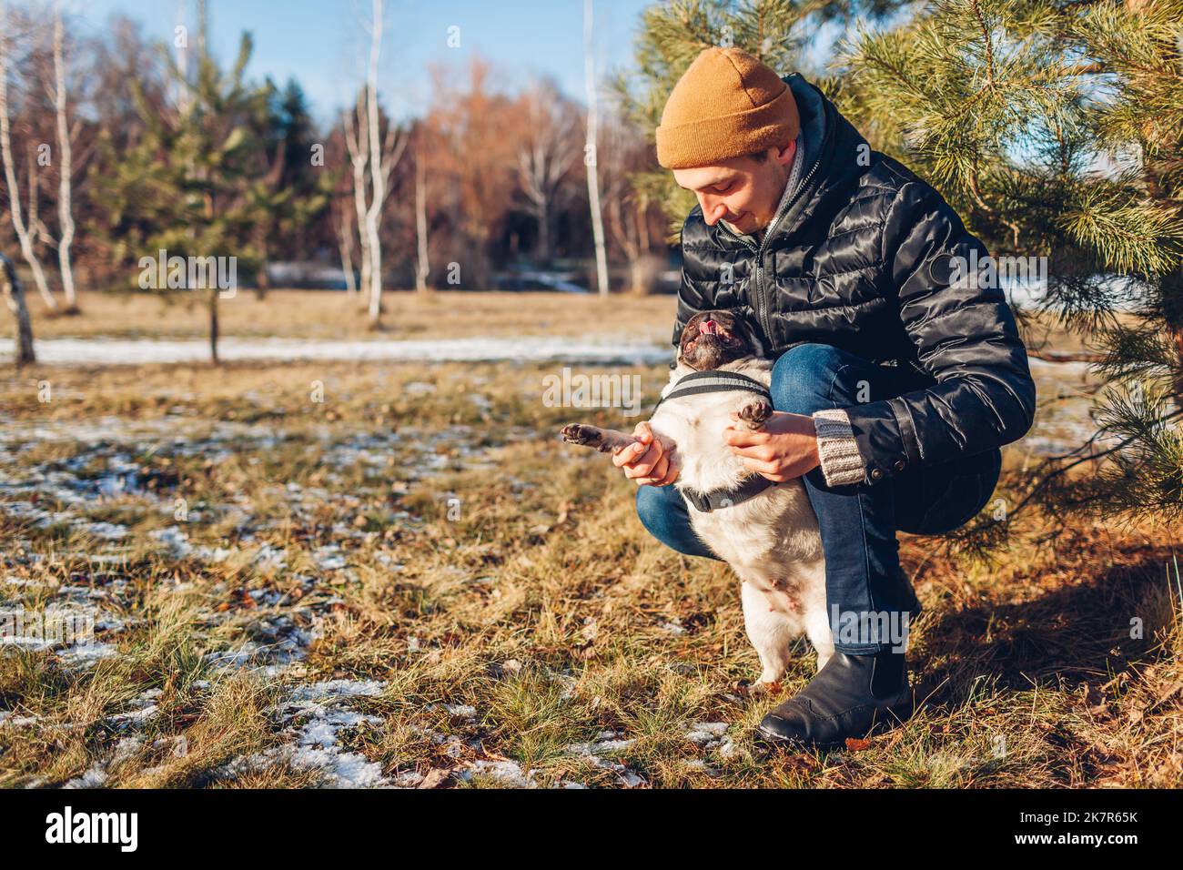 Uomo che cammina pug dog nel nevoso parco invernale. Gioca con l'animale domestico che lo tiene sulle gambe posteriori. Attività all'aperto con animali Foto Stock