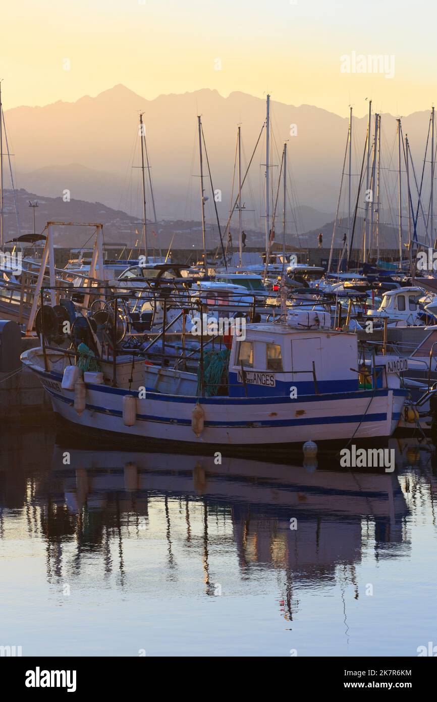 Navi da pesca, imbarcazioni da diporto e motoscafi nel porto di Ajaccio (Corse-du-Sud) sull'isola di Corsica, Francia Foto Stock