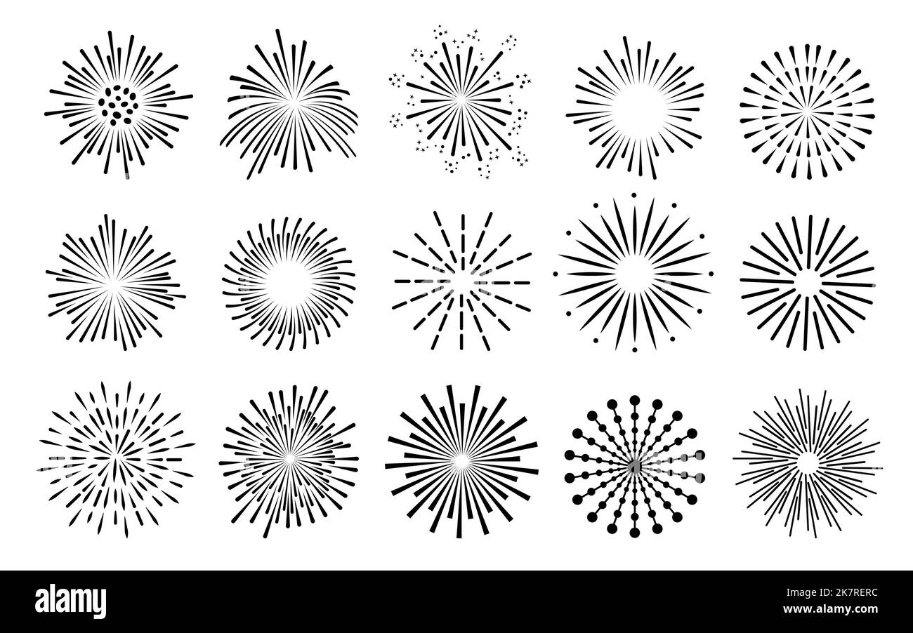 Set linea nera fuochi d'artificio. Festa fuoco fuochi d'artificio natale nuovo anno pirotecnici Firecracker notte festa compleanno. Vintage Sunburst raffiche di sole. I fasci di luce radiali salutano la scintilla Illustrazione Vettoriale
