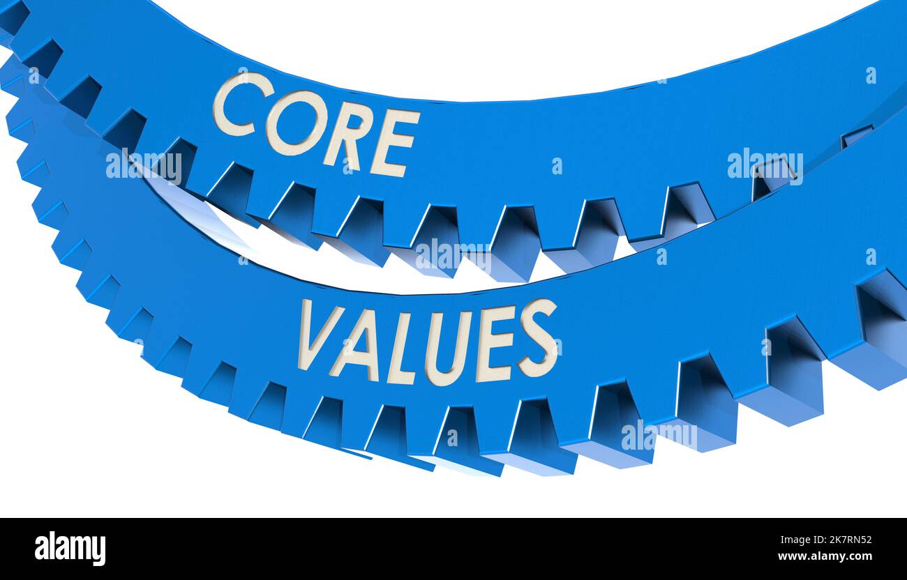 Parola dei valori principali su ruote dentate blu, rendering 3D Foto Stock