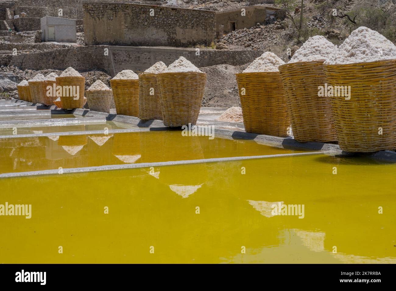 Vista delle piscine saline e dei cestini di essiccazione del sale in un'operazione di estrazione del sale a Zapotitlan de las Salinas, nello stato di Puebla, Messico. Foto Stock