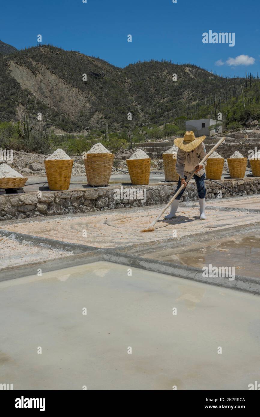 Un uomo sta lavorando nelle piscine saline in un'operazione di estrazione del sale a Zapotitlan de las Salinas, nello stato di Puebla, Messico. Foto Stock