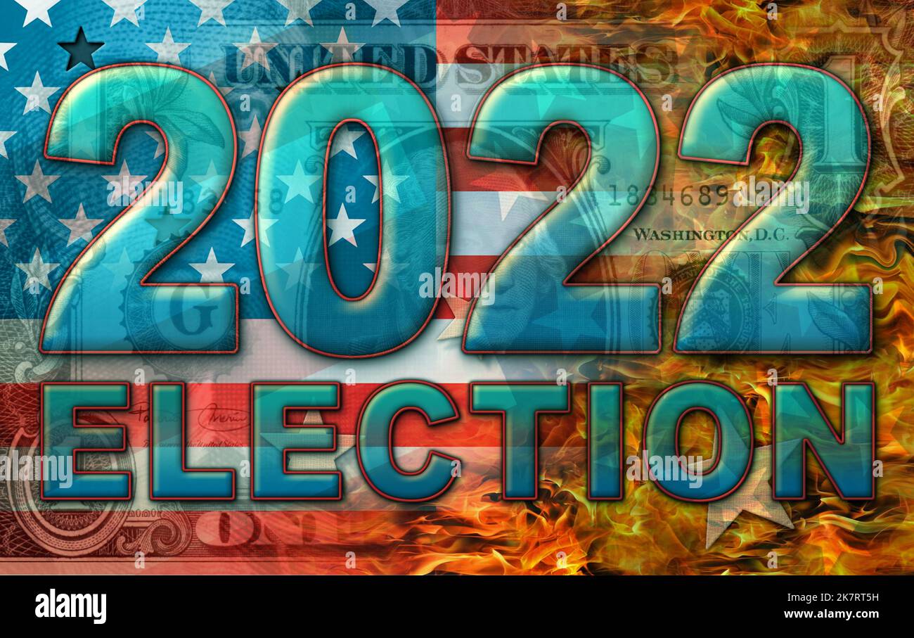 Le parole 2022 elezione in cima ad un composito di sfondo di un dollaro Bill, una bandiera di Stati Uniti, e fiamme. Illustrazione 3D. Foto Stock