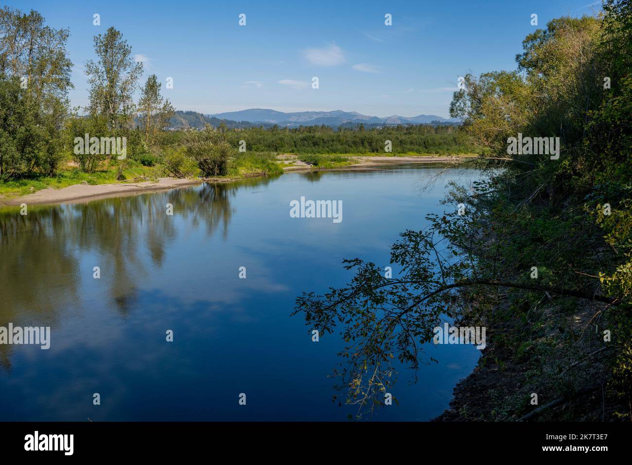 Vista del Sandy River (Sandy River Delta Park), lungo il fiume Columbia e il Lewis & Clark National Historic Trail, vicino a Portland, Oregon, Foto Stock