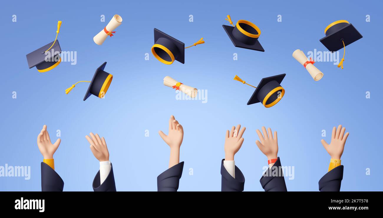 Gli studenti felici buttano in aria i tappi per le lauree e i rotoli di certificati. La gente mani, volando cappelli accademici neri e laminati diplomi su sfondo blu, 3D rendering illustrazione Foto Stock
