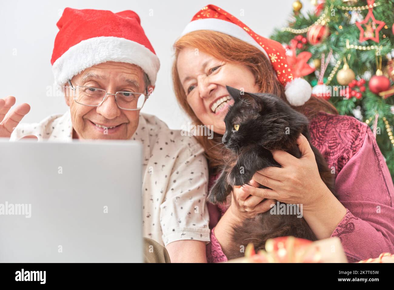 Coppia e gatto senior salutano i loro cari tramite videochiamata a Natale. Concetti: gli animali domestici come parte della famiglia, la gioia di condividere durante le vacanze, Foto Stock