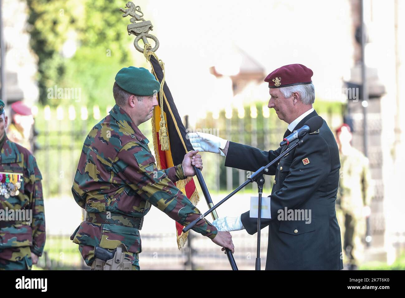 Re Filippo - Filip del Belgio nella foto durante una cerimonia per celebrare il 75th° anniversario del Comando Training Center e del Para Training Center e il 70th° anniversario del Reggimento Para-Commando della difesa belga nelle Marche-Les-Dames, martedì 18 ottobre 2022. FOTO DI BELGA BRUNO FAHY Foto Stock