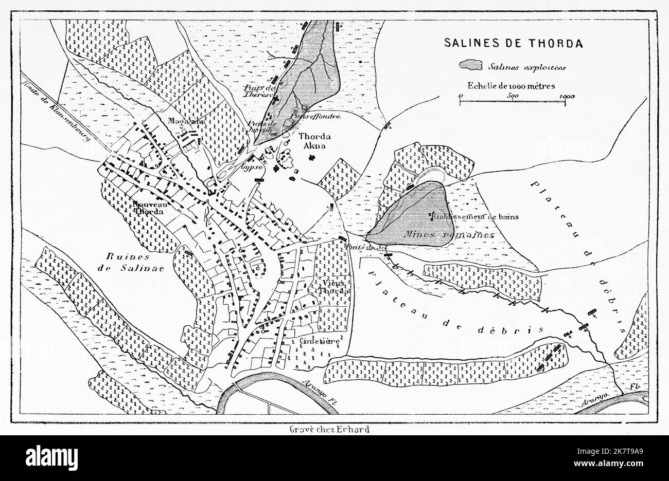 Vecchia mappa della miniera di sale Salina Turda situata nella zona di Durgau-Valea Sarata della città di Turda, Contea di Cluj in Romania. Europa. Viaggia verso le regioni minerarie della Transilvania occidentale di Jacques Elisee Reclus, 1873 Foto Stock