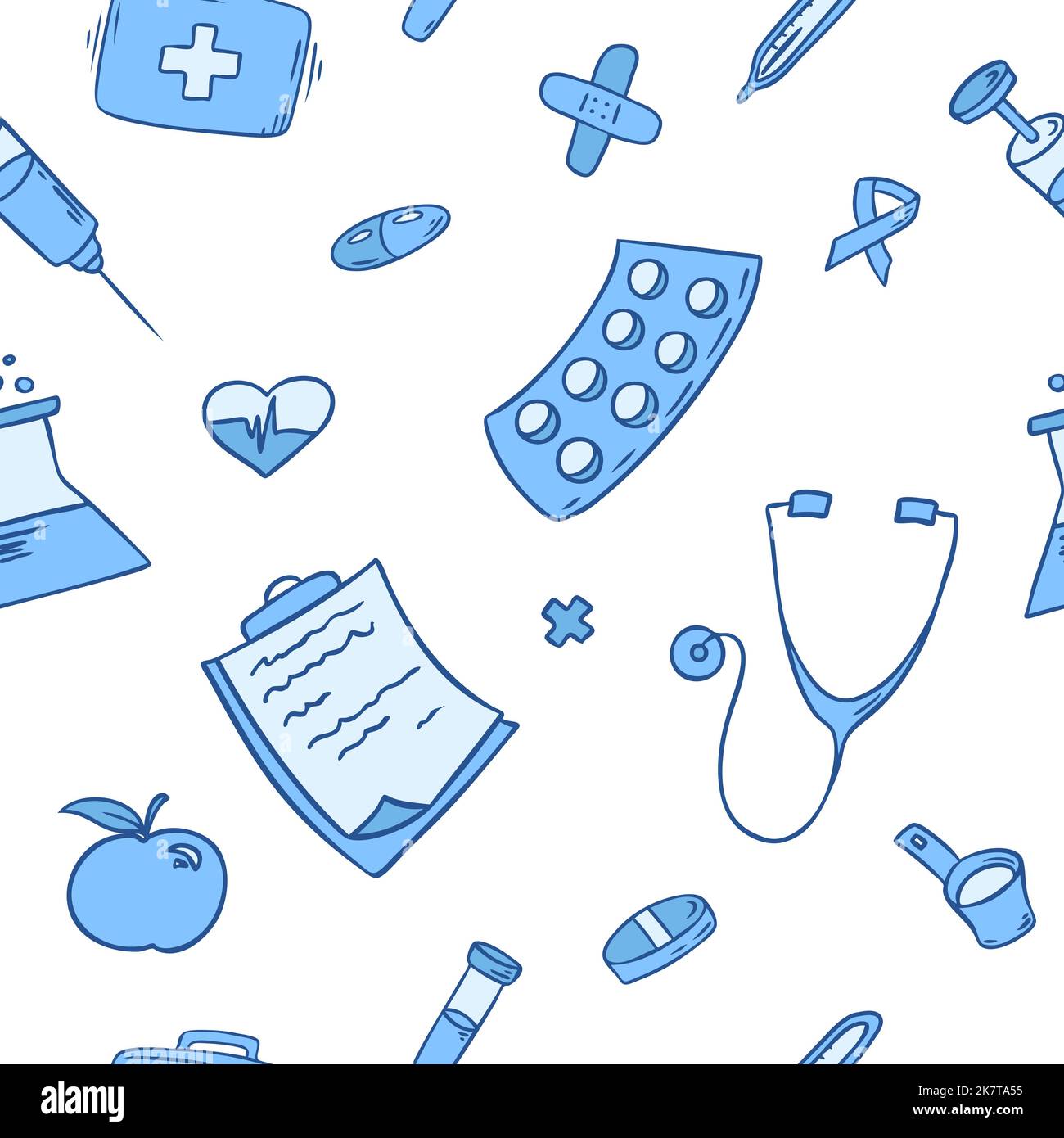 Disegno a mano senza cuciture di necessità quotidiane. Articoli medici e sanitari. Illustrazione Vettoriale