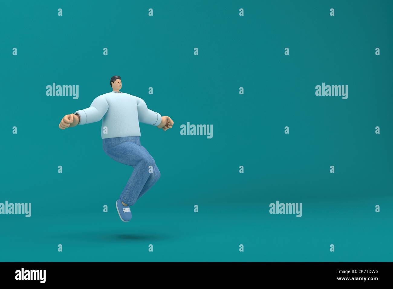 personaggio cartoon che indossa una camicia a manica lunga bianca jeans. 3d illustratore in recitazione. Sta saltando. Foto Stock