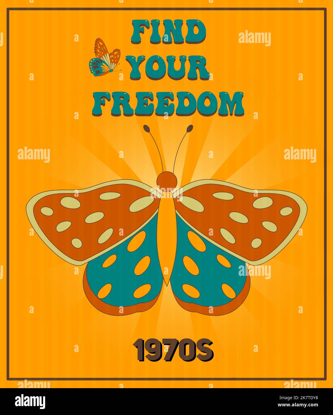 Poster retro groovy 60s 70s con farfalla groovy per carte, adesivi o poster design. Slogan tipografico. Illustrazione Vettoriale