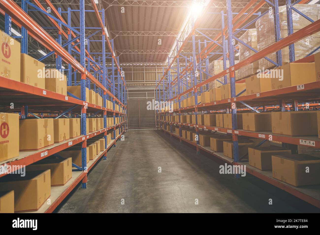 Magazzino interno grandi scorte prodotti magazzino merci scaffali per la logistica di spedizione background Foto Stock