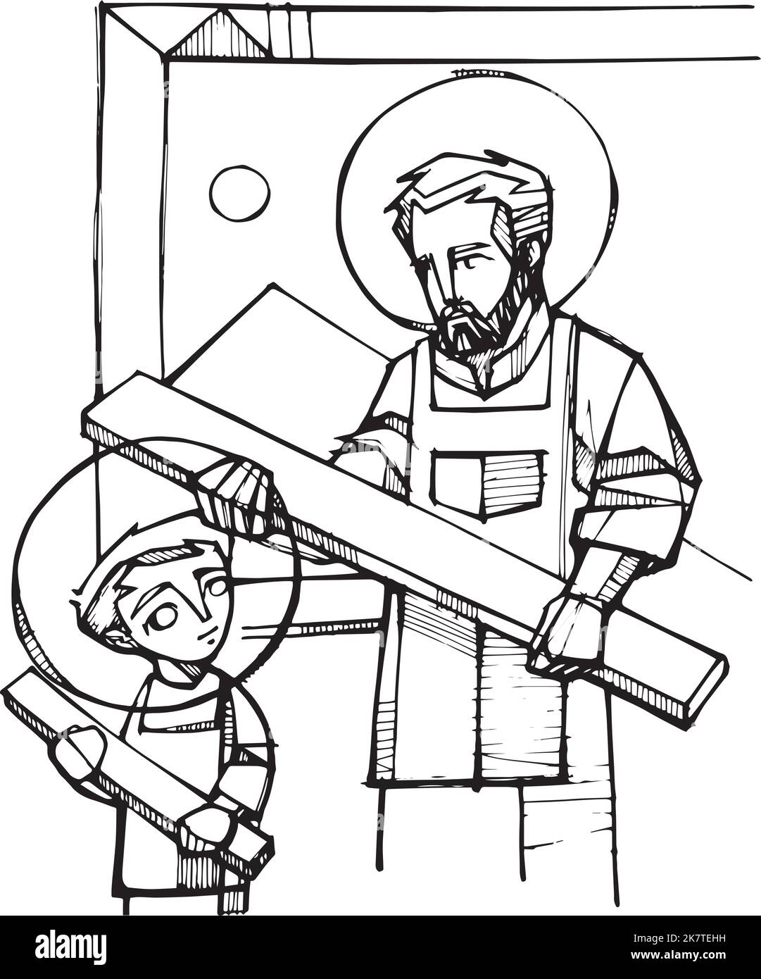 San Giuseppe e il giovane Gesù che lavorano Illustrazione Vettoriale