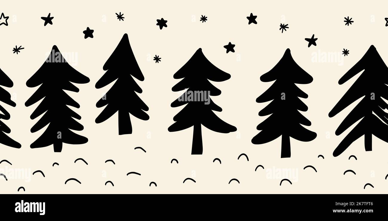 Senza cuciture vettore bordo doodle abete alberi di Natale. Disegno a mano ripetizione Natale modello orizzontale. Texture inchiostro Vector festive per piè di pagina, intestazione Illustrazione Vettoriale
