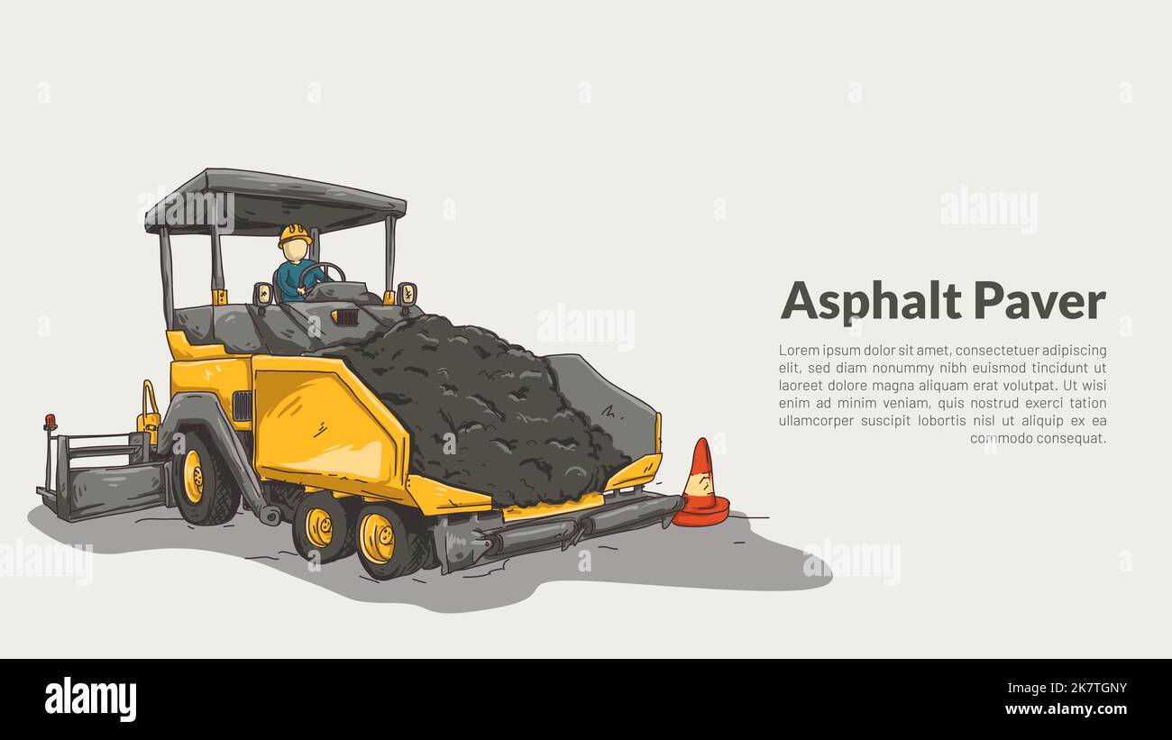 asfaltatrice isolata.spanditore per asfalto. disegno grezzo per attrezzature pesanti con illustrazione vettoriale dello spazio di copia modificabile. Illustrazione Vettoriale