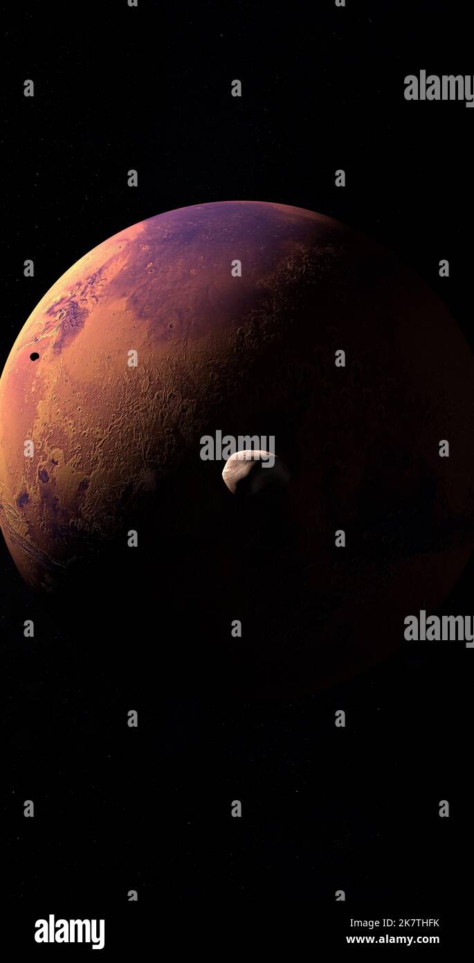 Satelliti marziani Phobos e Deimos orbitanti intorno al pianeta Marte Foto Stock