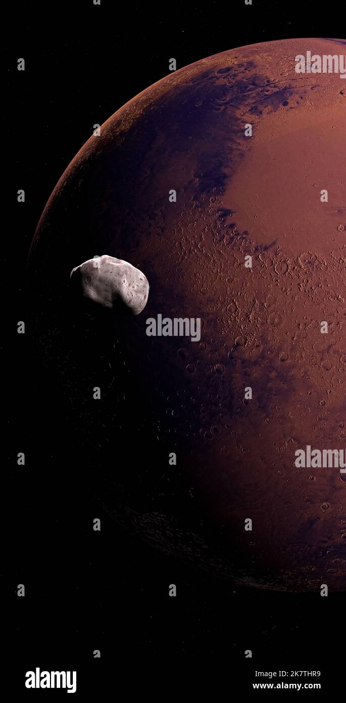 Phobos satellite orbitante intorno al pianeta Marte nello spazio esterno. 4K verticale Foto Stock