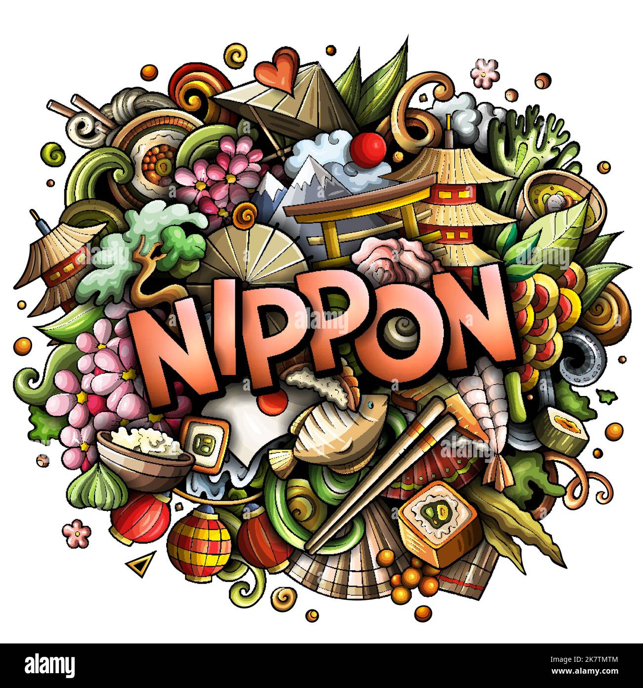 Giappone Nippon mano disegnata fumetto Doodles illustrazione. Divertente design da viaggio. Illustrazione Vettoriale