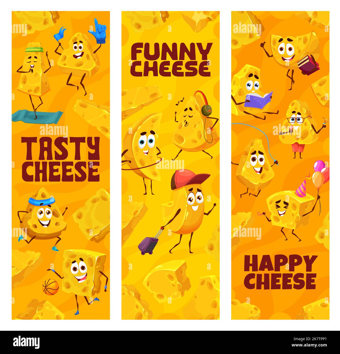 Cartoni animati gouda, personaggi del formaggio maasdam e divertenti pezzi di formaggio, banner vettoriali. Felici e simpatici personaggi del formaggio che celebrano una festa di compleanno, giocando a giochi sportivi o viaggiando in vacanza estiva Illustrazione Vettoriale