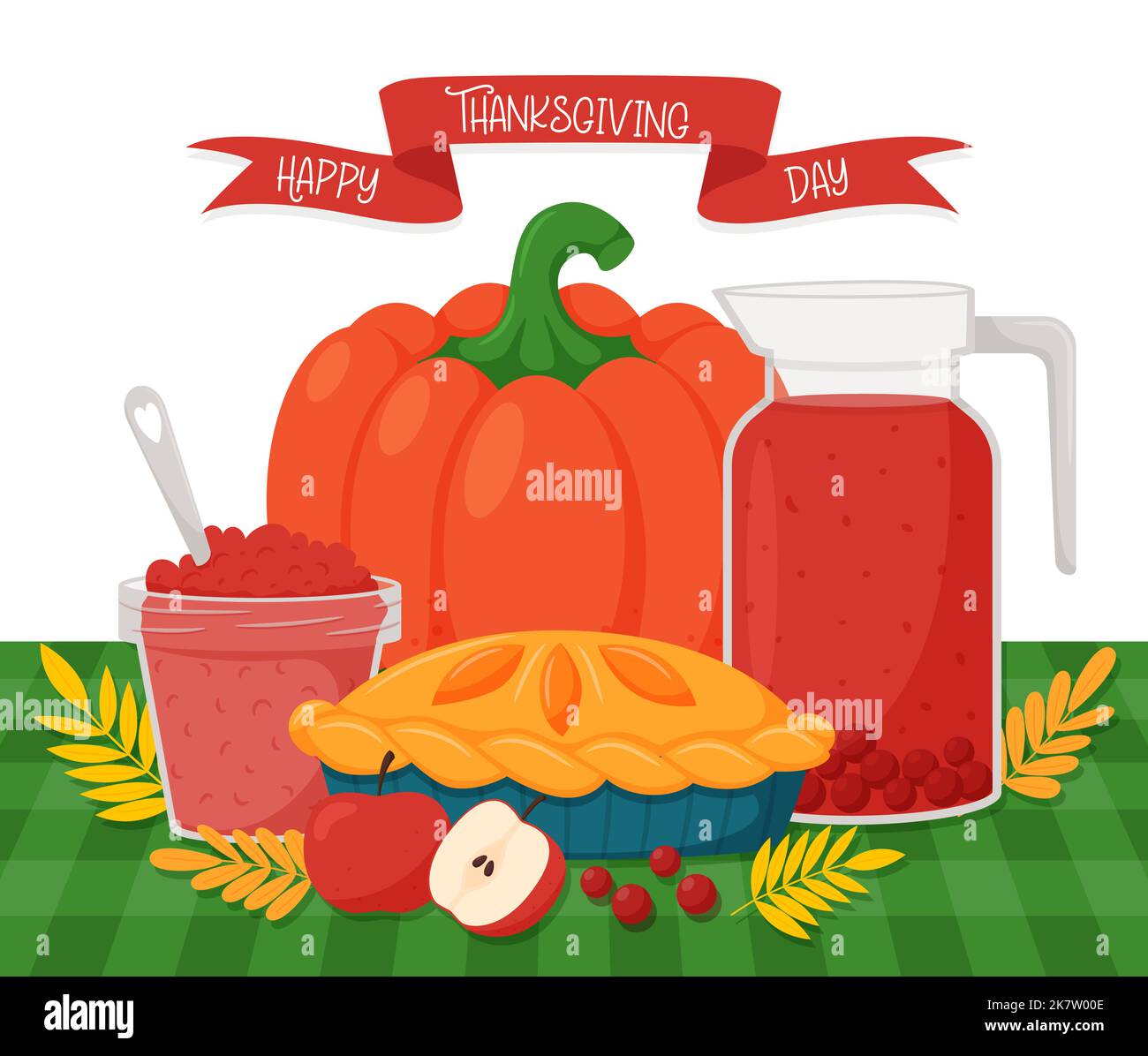 Biglietto di auguri per il Ringraziamento con una torta di zucca, composta di mirtilli rossi e salsa. Simboli del cibo di ringraziamento su un tovagliolo a scacchi. Cartoni animati vettoriali illustrati Illustrazione Vettoriale