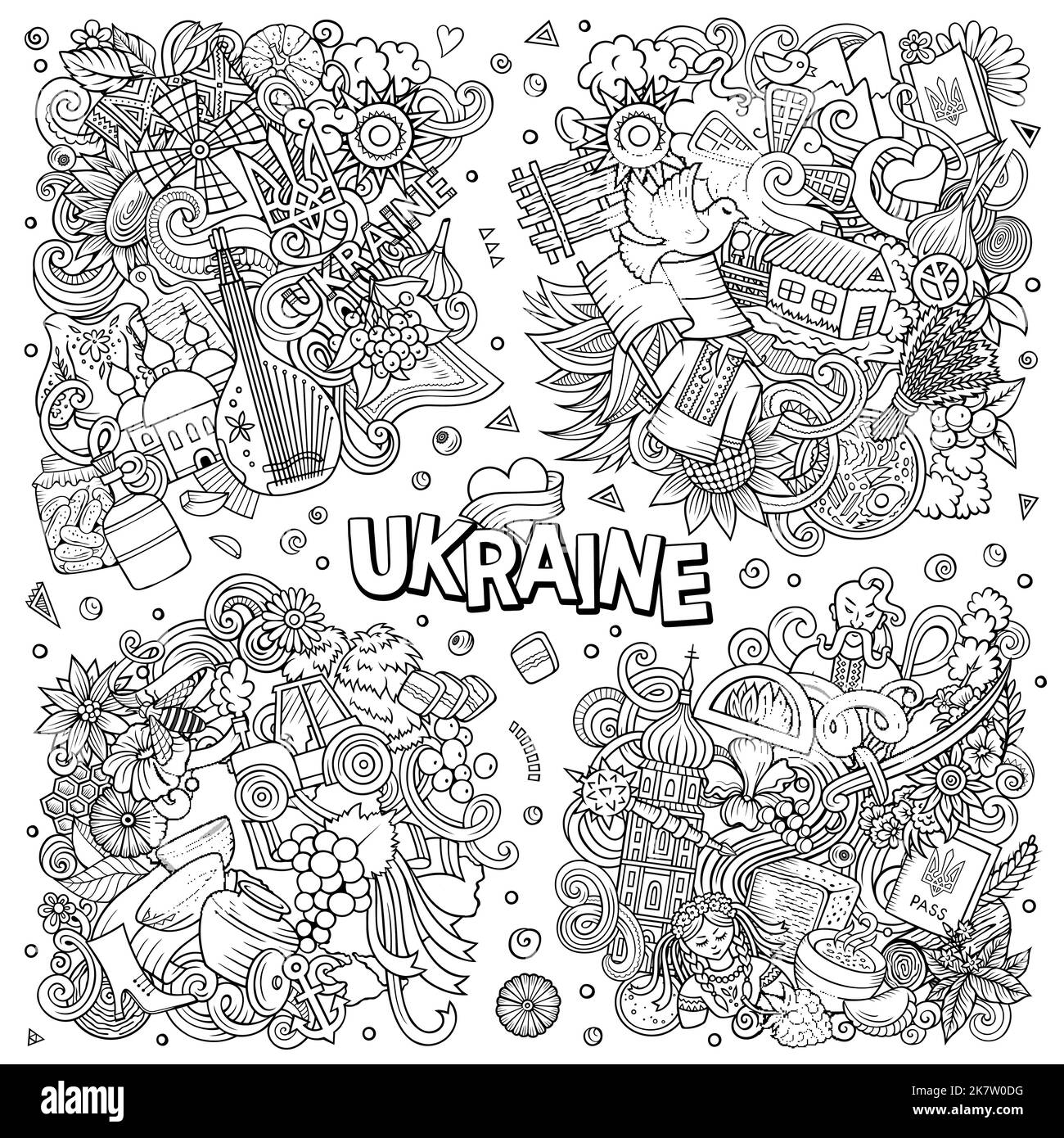 Ukraine cartoon vettore doodle disegni set. Illustrazione Vettoriale