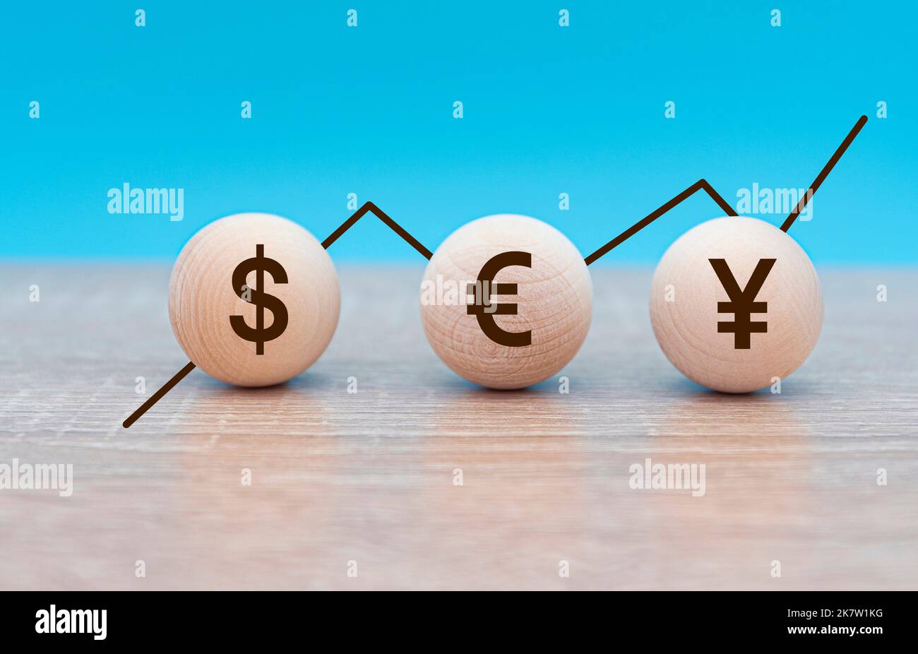 Tre simboli delle valute internazionali dollaro americano, euro e yen giapponese e grafico dei tassi, business concept Foto Stock