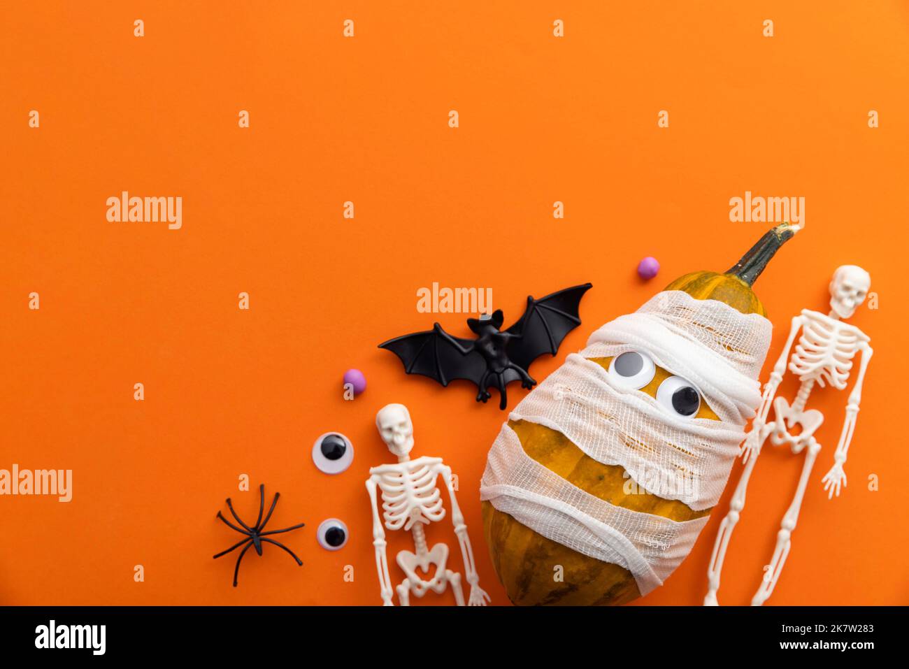 Carino sfondo halloween con zucche mummy, scheletri e ragni Foto Stock