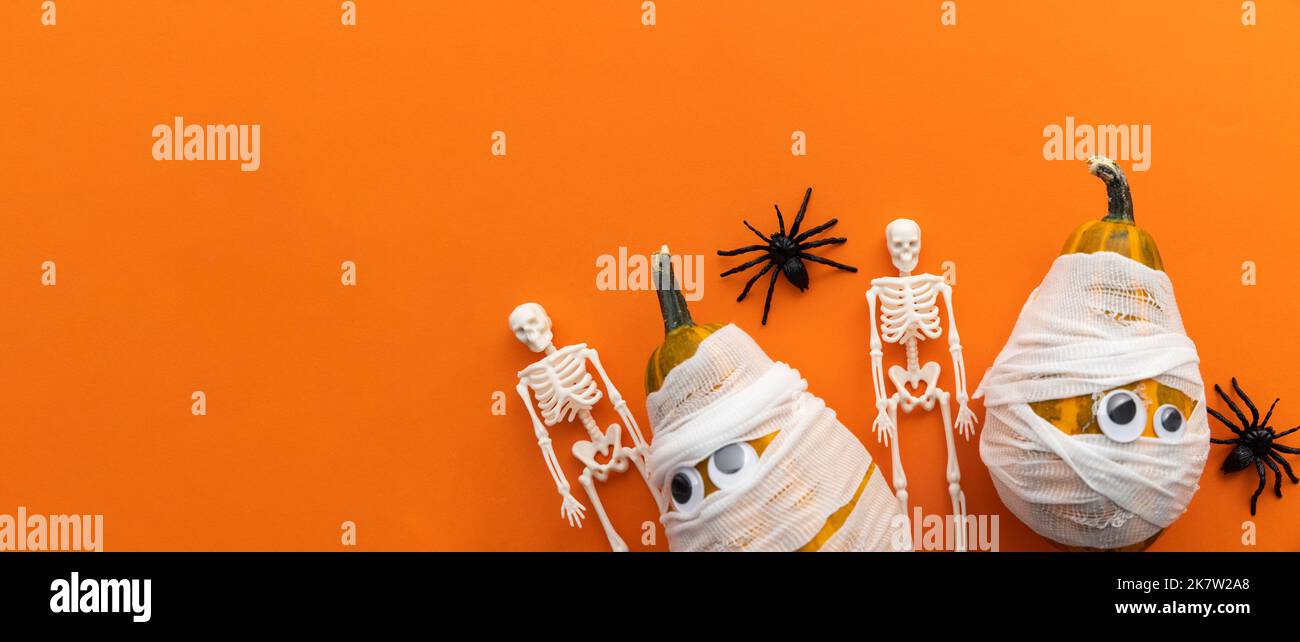 Carino sfondo halloween con zucche mummy, scheletri e ragni Foto Stock