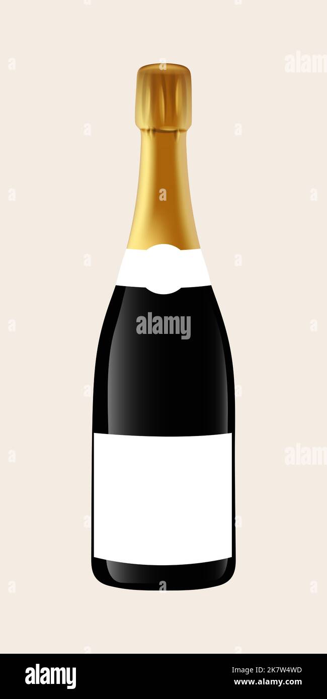 Bottiglia per bevande alcoliche con foglio dorato ed etichetta vuota. Bottiglia di champagne mockup. Illustrazione vettoriale. Illustrazione Vettoriale
