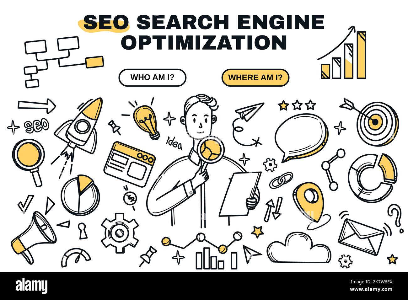 Concetto di analisi dei social media, gestione delle vendite e ottimizzazione del marketing digitale. Doodle icone della tecnologia seo, analisi statistica con grafici e grafici. Illustrazione del vettore di ricerca in linea. Illustrazione Vettoriale